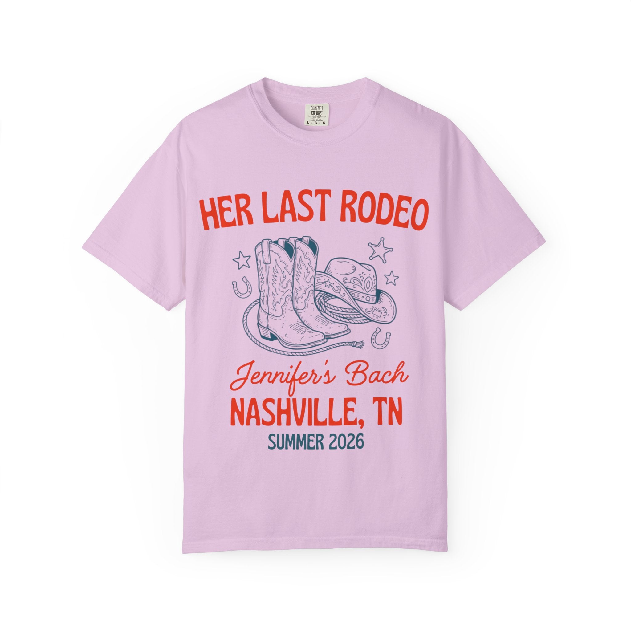 Lavender t-shirt with "Her Last Rodeo" and Nashville bachelorette details.
