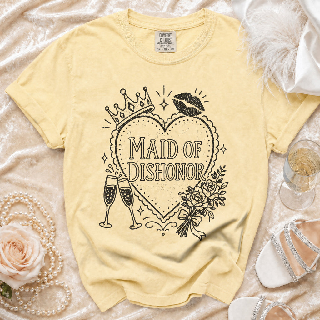 Yellow t-shirt with "Maid of Dishonor" graphic featuring a crown, kiss, and bouquet.