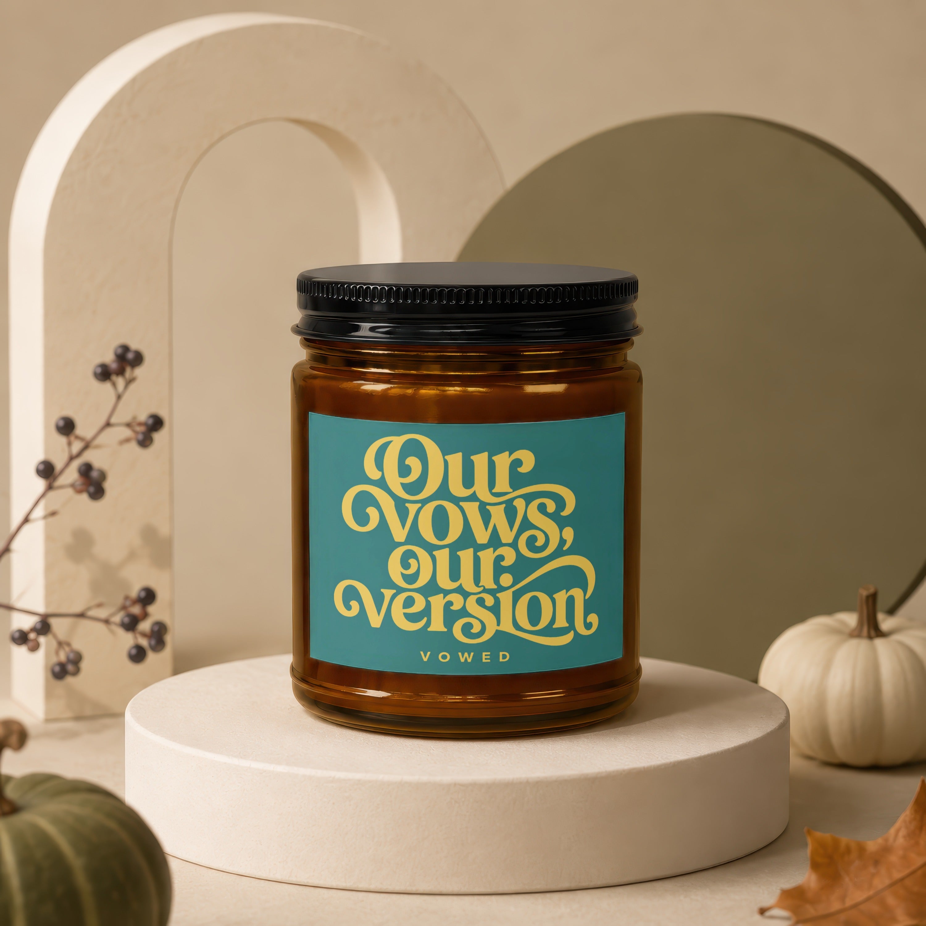 Vowed candle with label "Our Vows, Our Version."