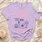 Purple t-shirt with "Mother of the Bride Club" text and ghost graphic.