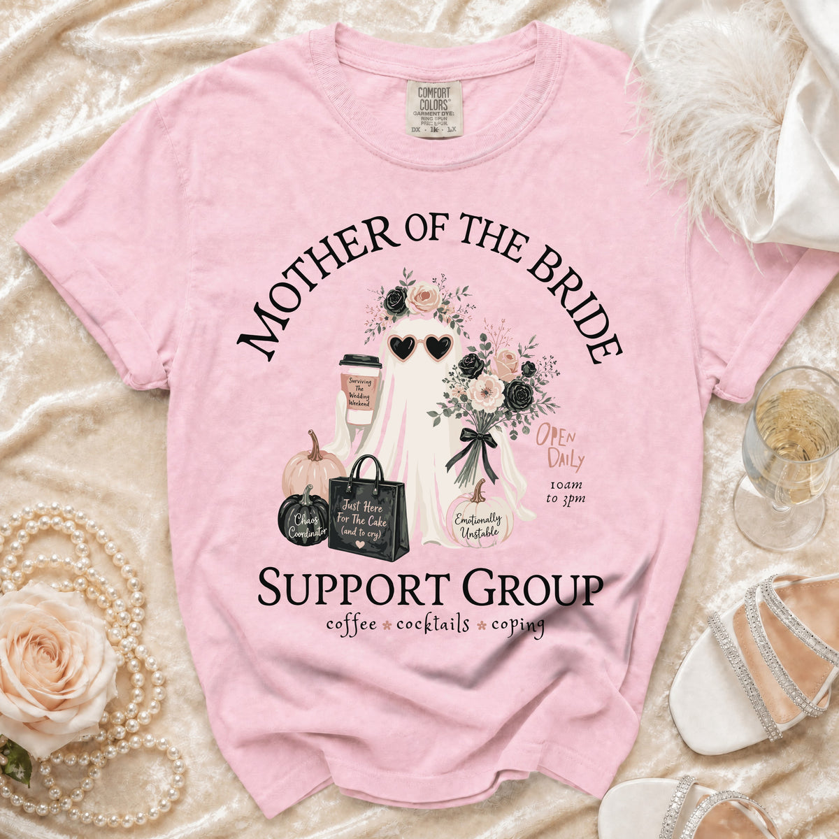 Pink Comfort Colors t-shirt with "Mother of the Bride Support Group" ghost graphic.