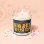 Candle with "CONFIDENTIAL: BURN AFTER THE LAST RSVP" text on label