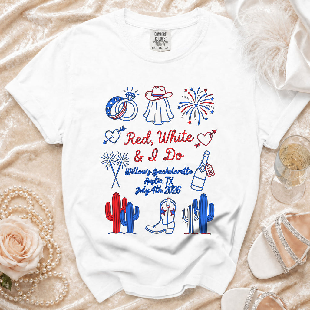 White t-shirt with "Red, White & I Do" and bachelorette details.