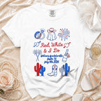White t-shirt with "Red, White & I Do" and bachelorette details.