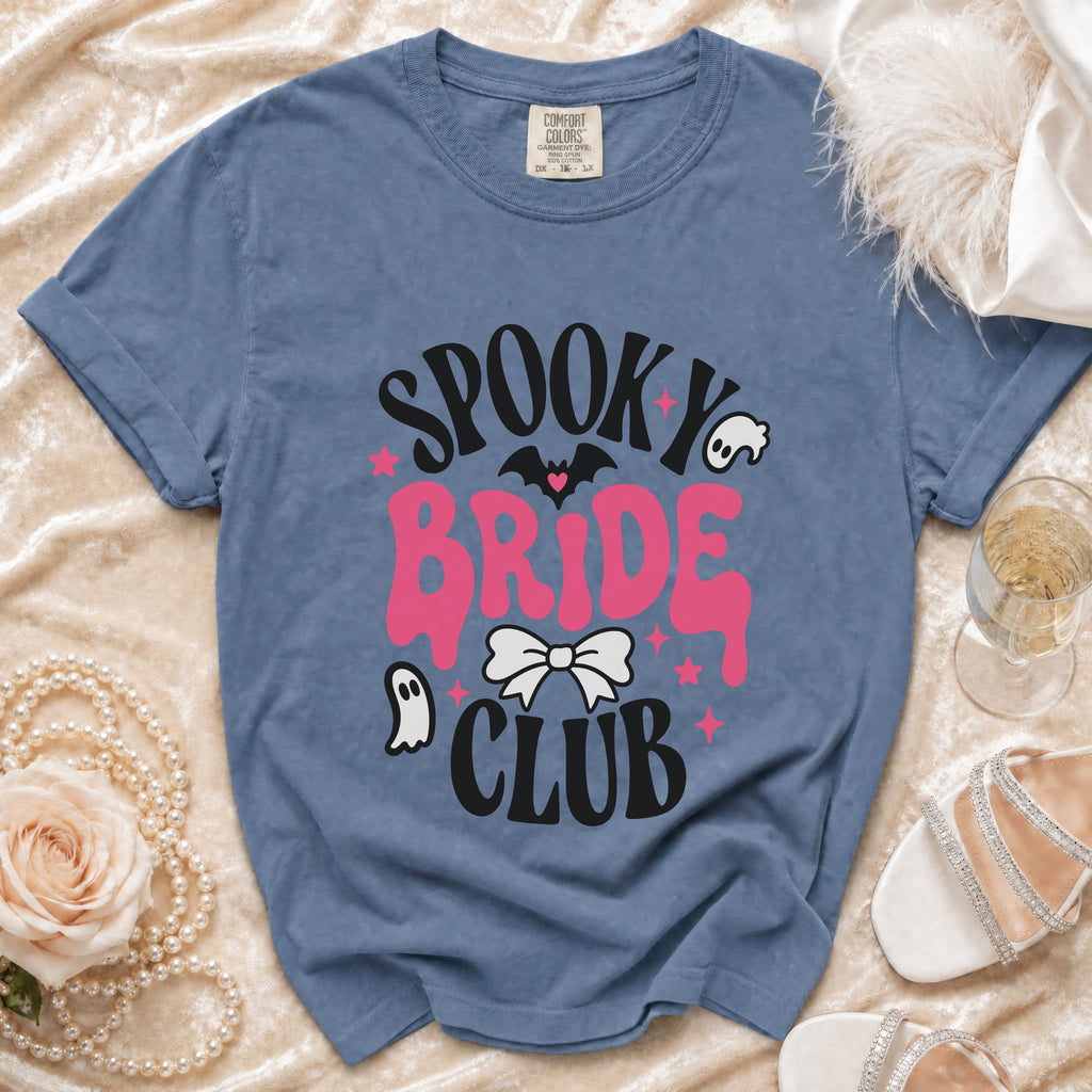Blue t-shirt with "Spooky Bride Club" text and Halloween graphics.