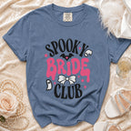 Blue t-shirt with "Spooky Bride Club" text and Halloween graphics.
