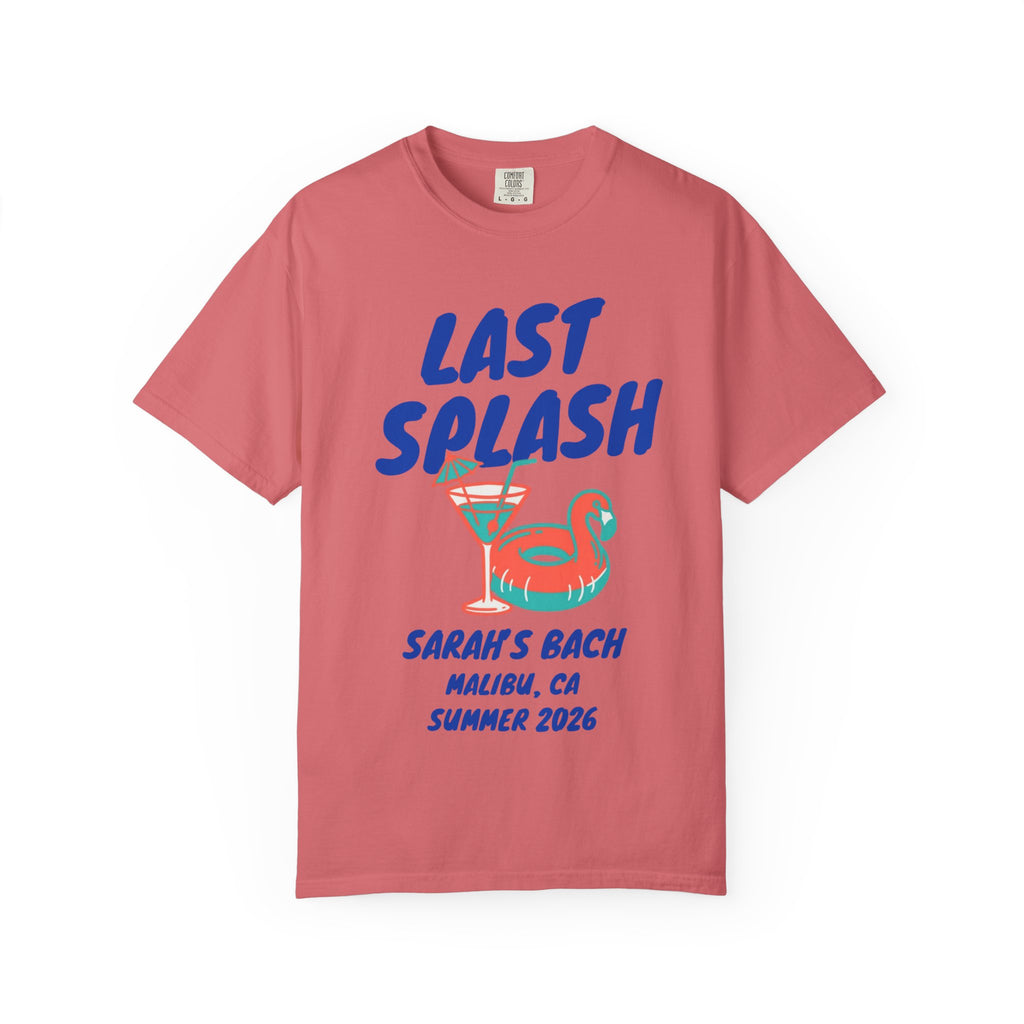Coral t-shirt with "LAST SPLASH SARAH'S BACH MALIBU, CA SUMMER 2026" and martini glass graphic.