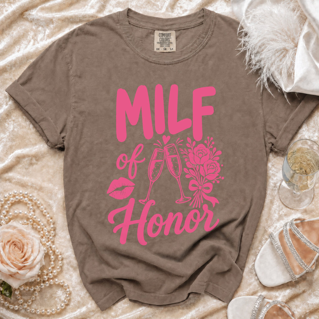 Brown comfort colors t-shirt with pink "MILF of Honor" text and graphics.