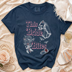 Navy t-shirt with "This Bride Bites" text, skull, bats, and wedding imagery.