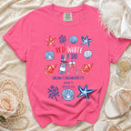 Pink t-shirt with "Red, White & I Do" text and beach-themed graphics.