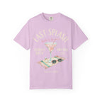 Pink t-shirt with "Last Splash bride-to-be" text, ring, sunglasses, and cocktail.