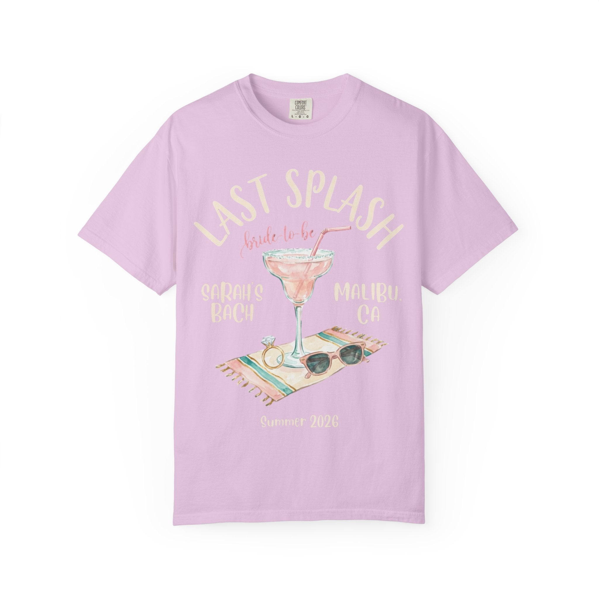 Pink t-shirt with "Last Splash bride-to-be" text, ring, sunglasses, and cocktail.