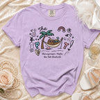 Lavender t-shirt with "The Honeymoon Mode: Do Not Disturb" graphic and hammock coconuts.
