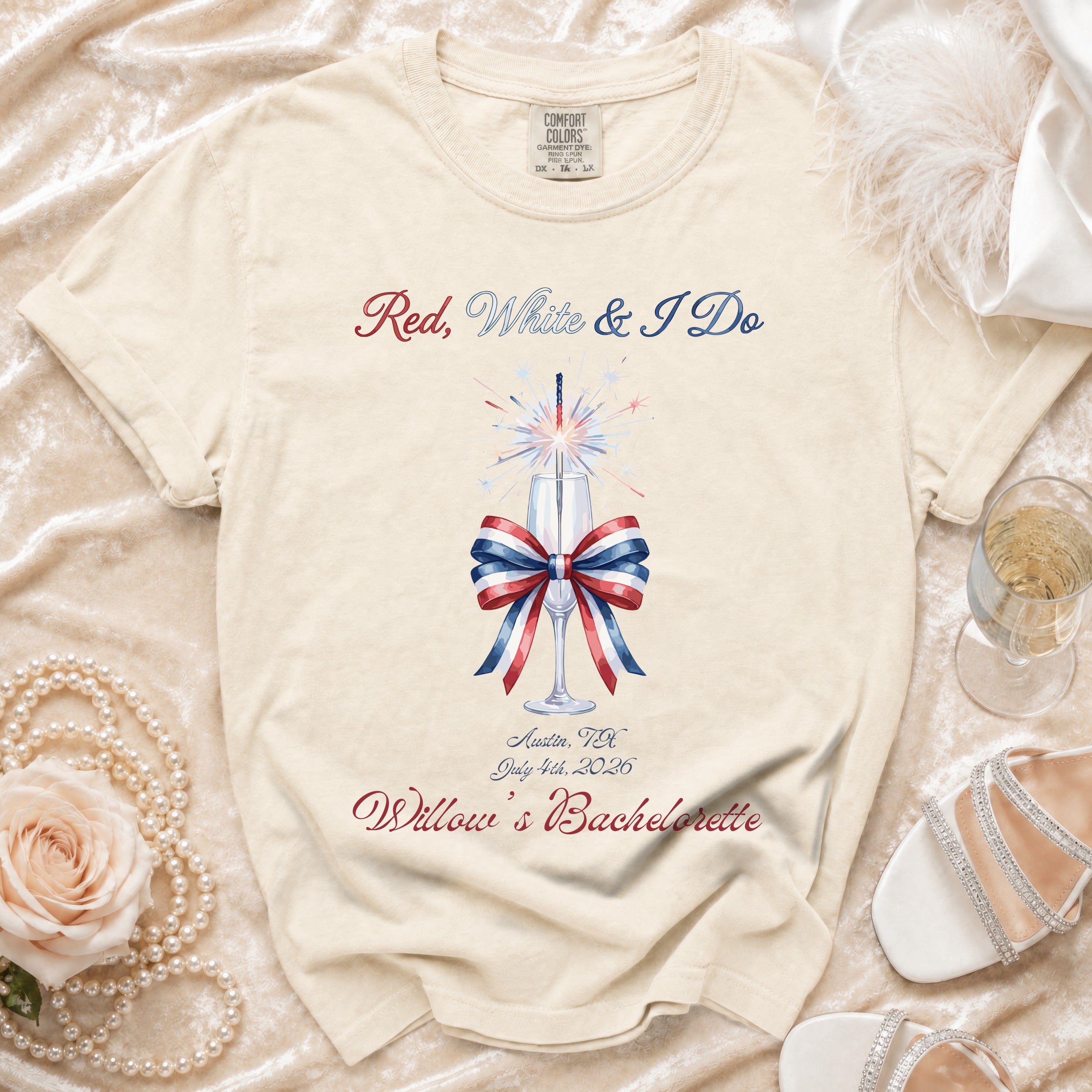 Red, White & I Do bachelorette t-shirt with festive fireworks and bow.
