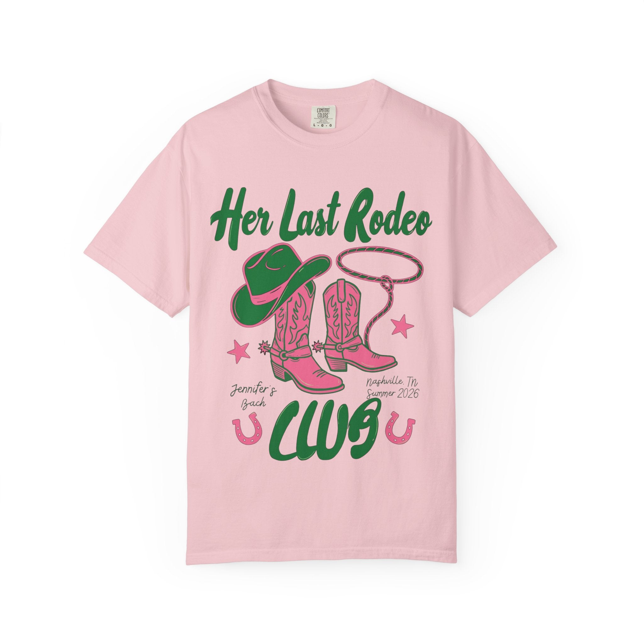 Pink t-shirt with "Her Last Rodeo" text, cowboy boots, and lasso.