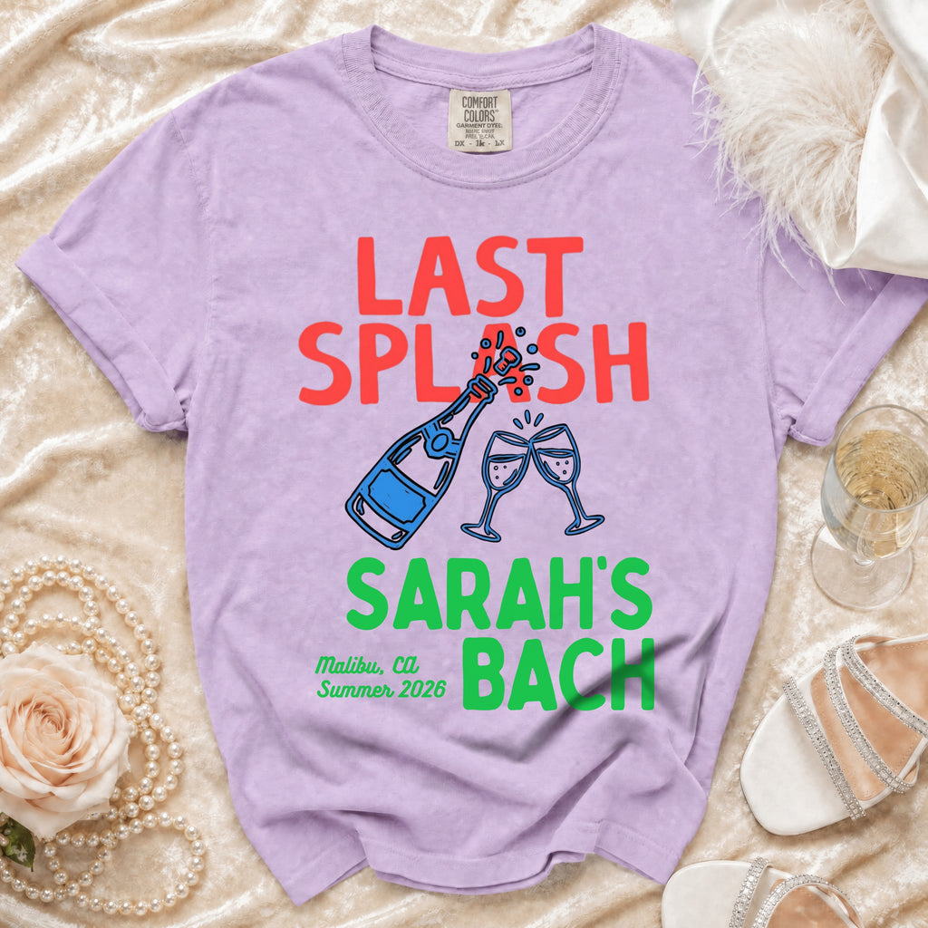 Purple t-shirt with "Last Splash Sarah's Bach" in colorful text.