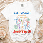 White t-shirt with "Last Splash Malibu, CA Summer 2026 Sarah's Bach" text and graphics.