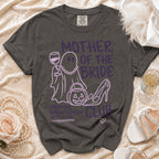 Gray Comfort Colors t-shirt with purple "Mother of the Bride" spooky season design.
