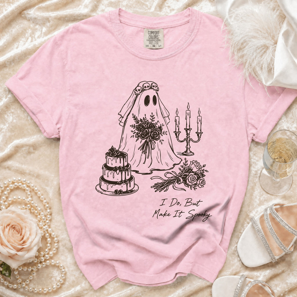 Pink t-shirt with ghost bride graphic and "I Do, But Make It Spooky" text.