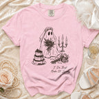 Pink t-shirt with ghost bride graphic and "I Do, But Make It Spooky" text.