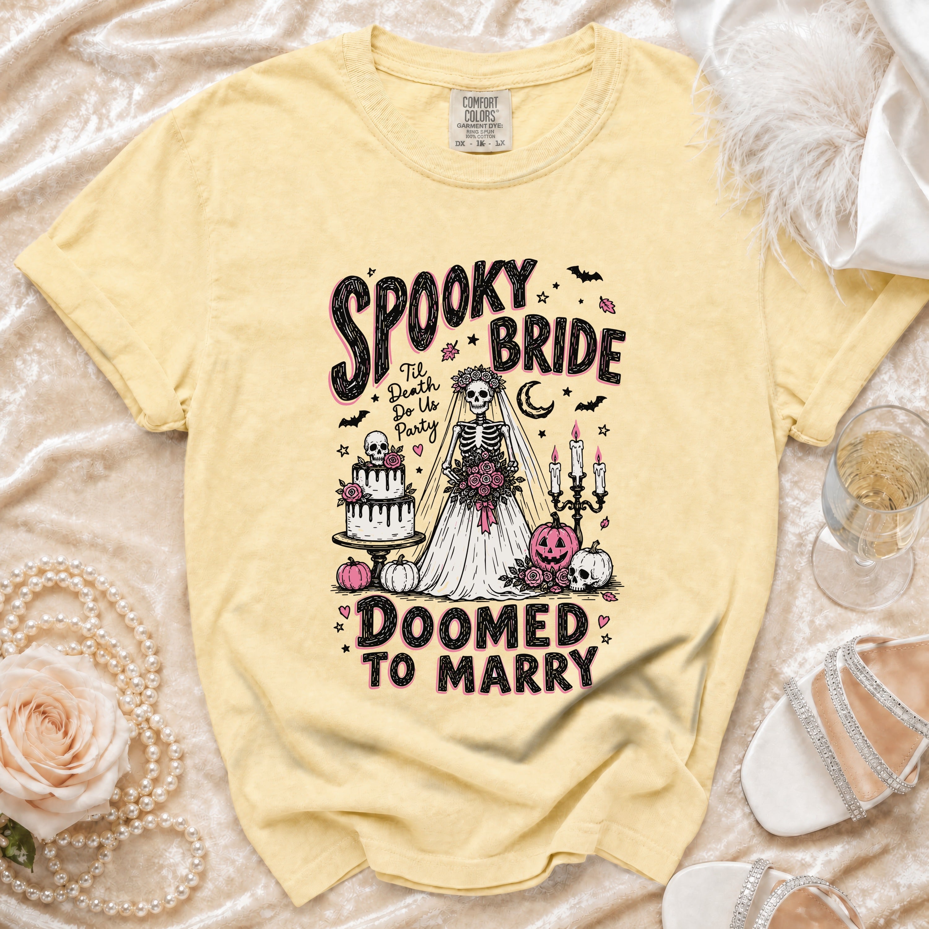 Yellow t-shirt with "Spooky Bride 'Til Death Do Us Party Doomed To Marry" graphic.