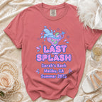 Pink t-shirt with "Last Splash Sarah's Bach Malibu, CA Summer 2026" graphic.