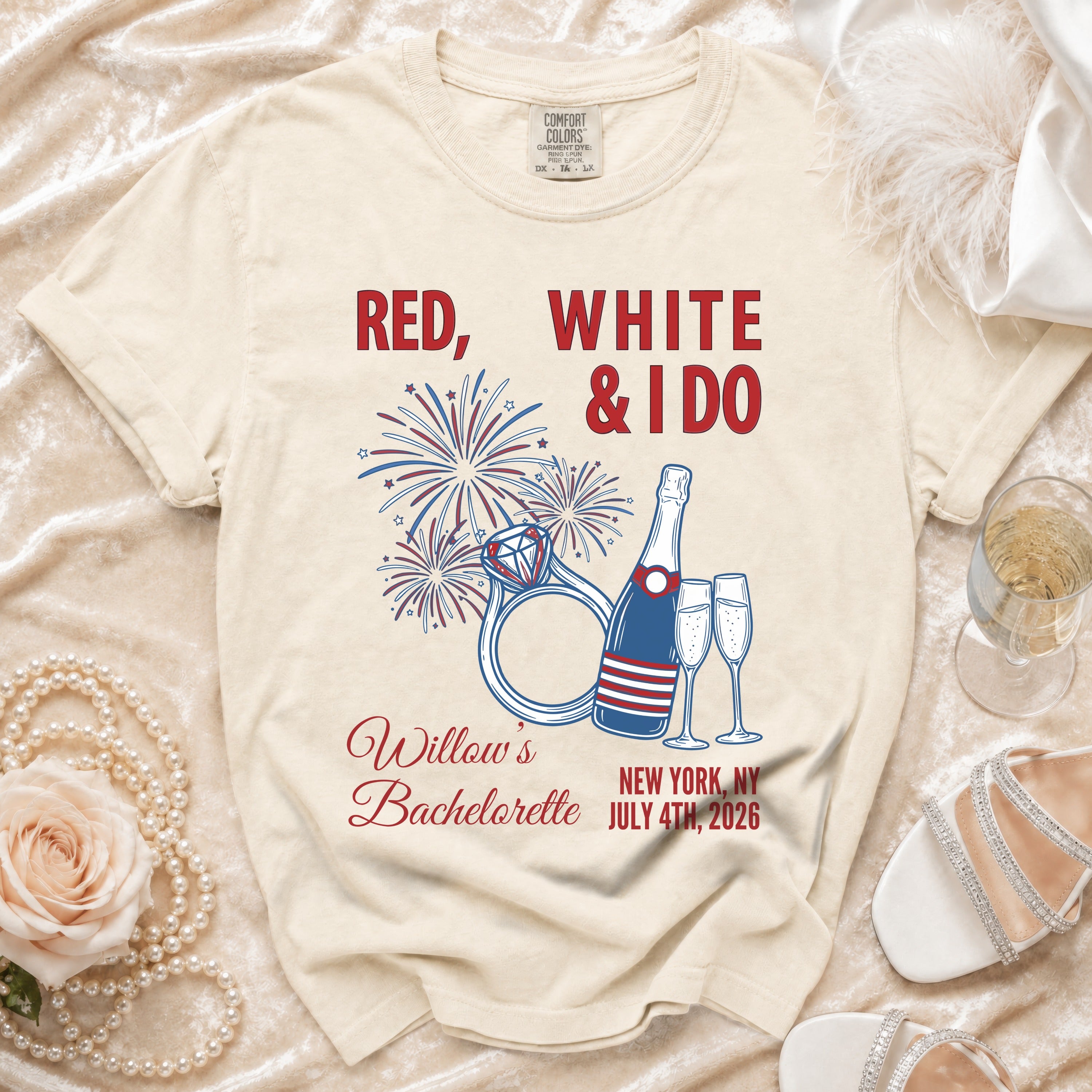 Cream t-shirt with "Red, White & I Do" and Willow's Bachelorette details.