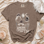 Brown t-shirt with gothic wedding graphic and text "Something Wicked Said I Do."
