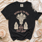 Black t-shirt with "Mother of the Bride Just Here for the Boo-quet" ghost graphic.