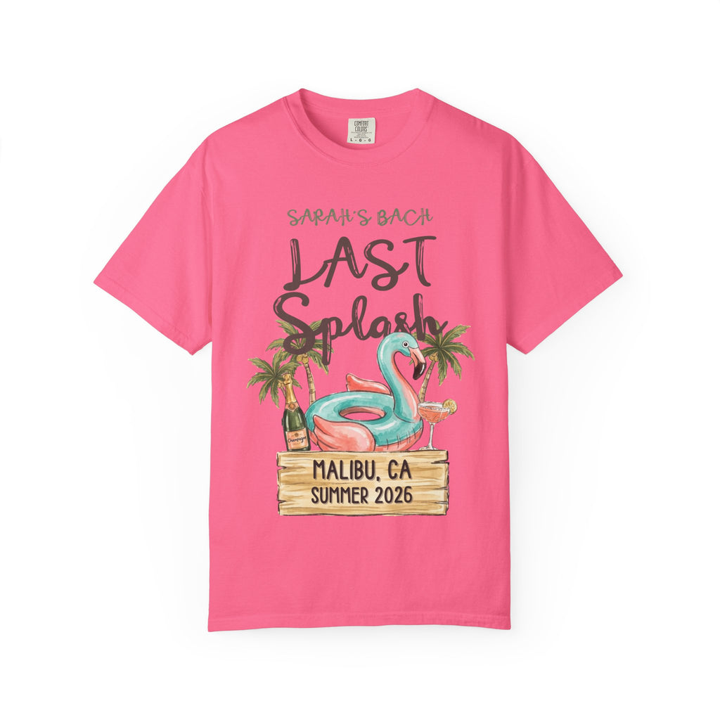 Sarah's Bach Last Splash Malibu CA Summer 2026 flamingo and champagne graphic.