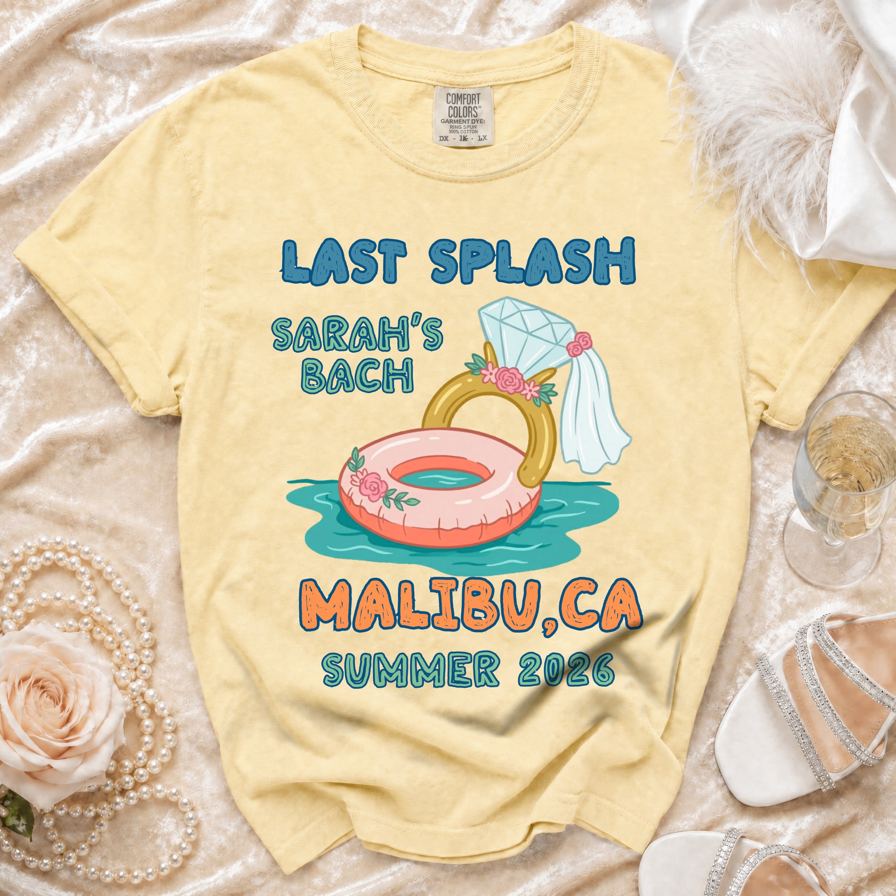 "Last Splash Sarah's Bach Malibu, CA Summer 2026" t-shirt with ring float.
