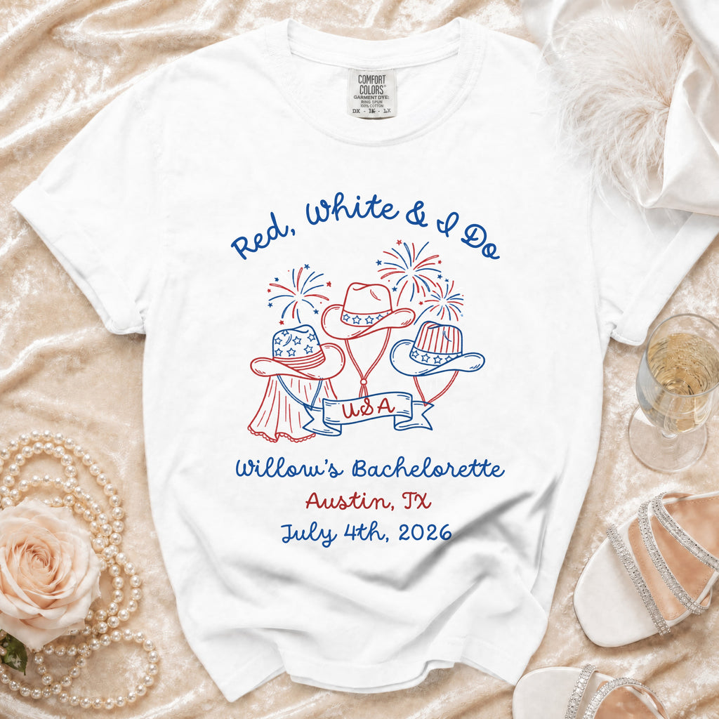 White t-shirt with "Red, White & I Do" and bachelorette details.
