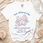White t-shirt with "Red, White & I Do" and bachelorette details.
