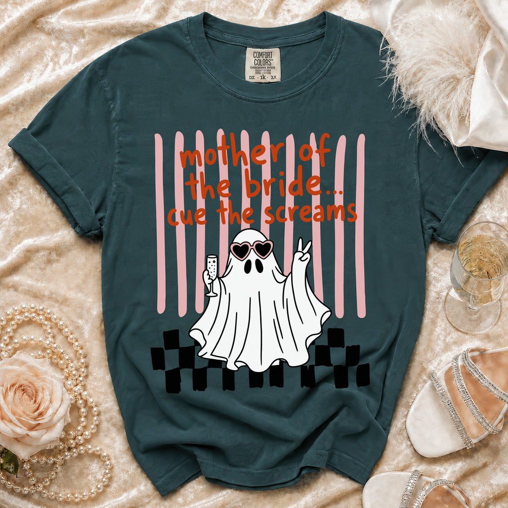 Ghost graphic t-shirt with "mother of the bride... cue the screams" text.