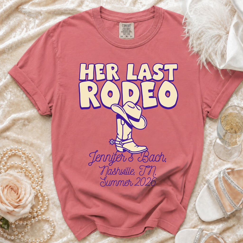 "Her Last Rodeo" t-shirt with cowboy boot and text for Jennifer & Bach, Nashville, TN, Summer 2026.