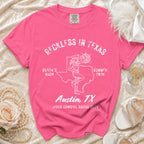 Pink t-shirt with "Reckless in Texas," "Olivia's Bach," and "Austin, TX" graphics.