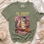 Green t-shirt with "Til Death Do Us Party" text and a skeleton wedding scene graphic.