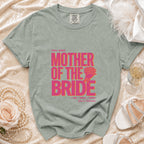 Gray t-shirt with "Mother of the Bride" text and wedding accessories.