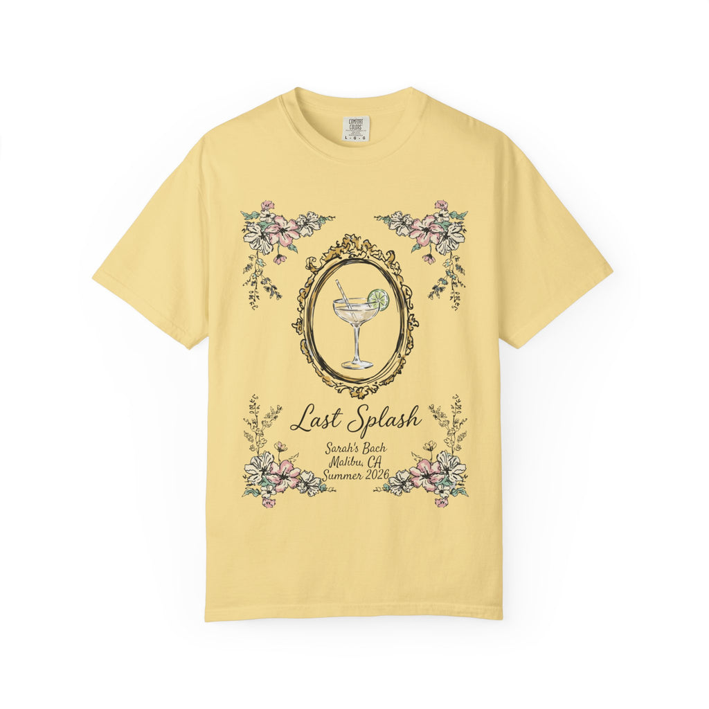 Yellow t-shirt with "Last Splash" text, floral frames, and a cocktail.