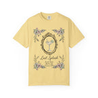 Yellow t-shirt with "Last Splash" text, floral frames, and a cocktail.