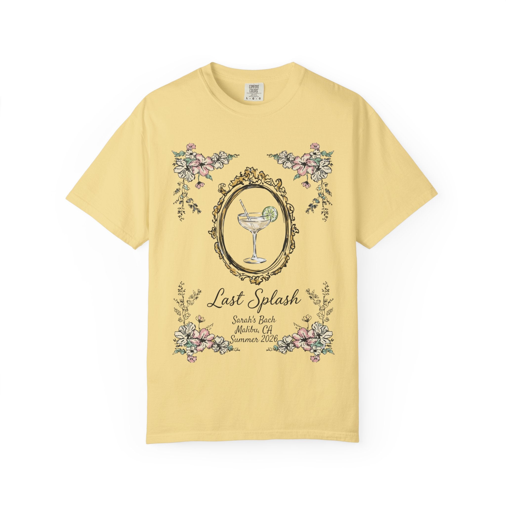 Yellow t-shirt with "Last Splash" text, floral frames, and a cocktail.