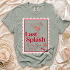 T-shirt with "Last Splash Sarah's Bach Malibu CA Summer 2026" and cocktail graphic.