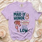 Lavender t-shirt with "Professional Maid of Honor Honorary Therapist" and wedding icons.