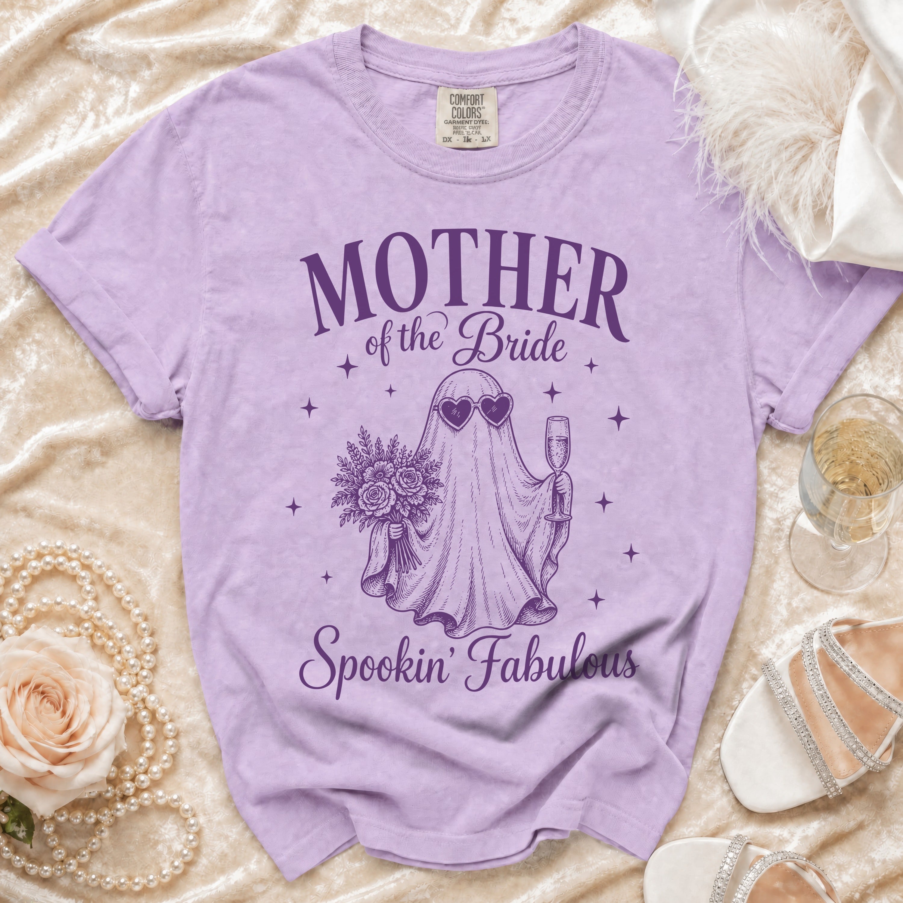 Lavender t-shirt with "Mother of the Bride Spookin' Fabulous" text and ghost graphic.