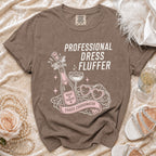 Brown t-shirt with "Professional Dress Fluffer Maid of Honor Chaos Coordinator" text and graphics.