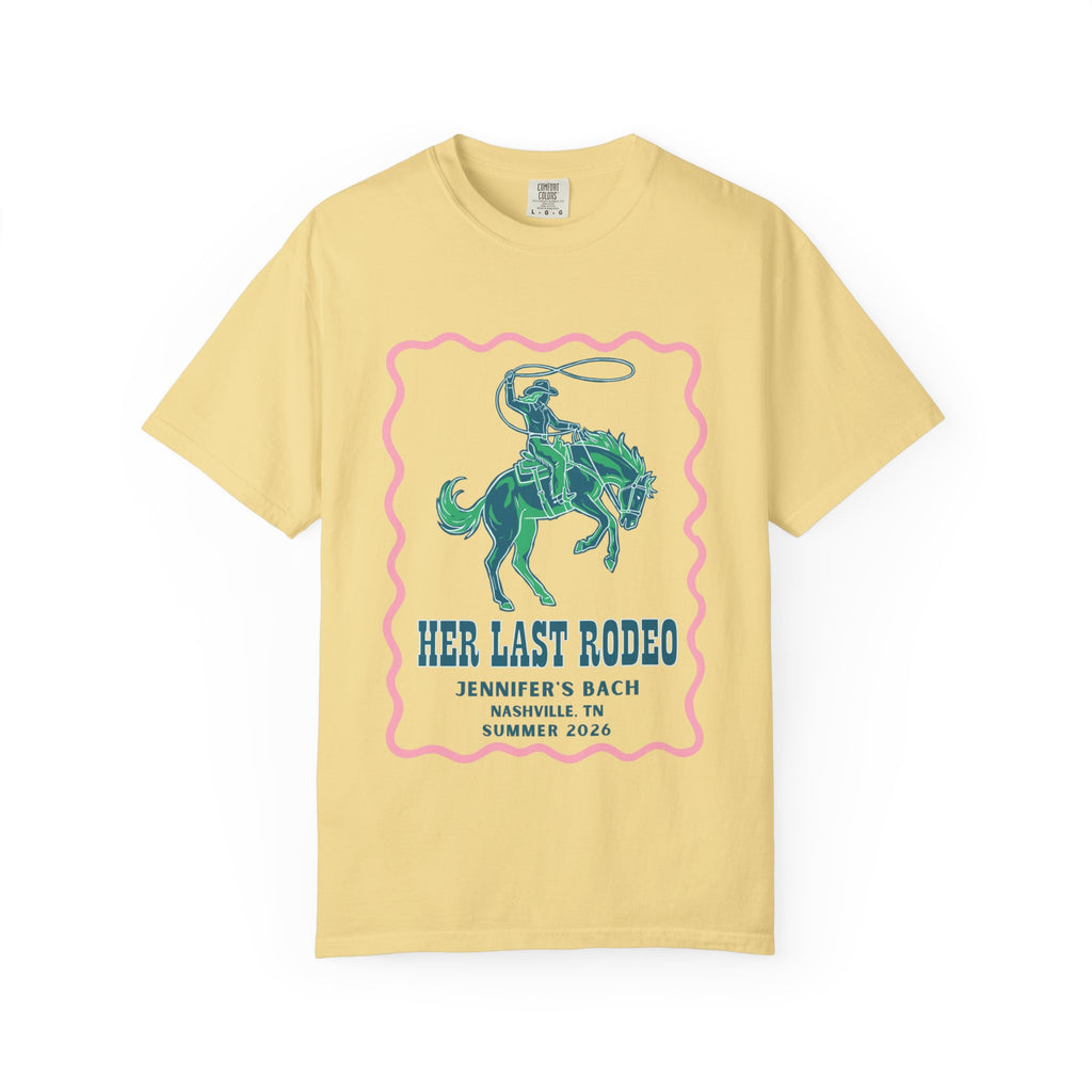 Yellow t-shirt with "Her Last Rodeo" graphic for Jennifer's Bach Nashville 2026.