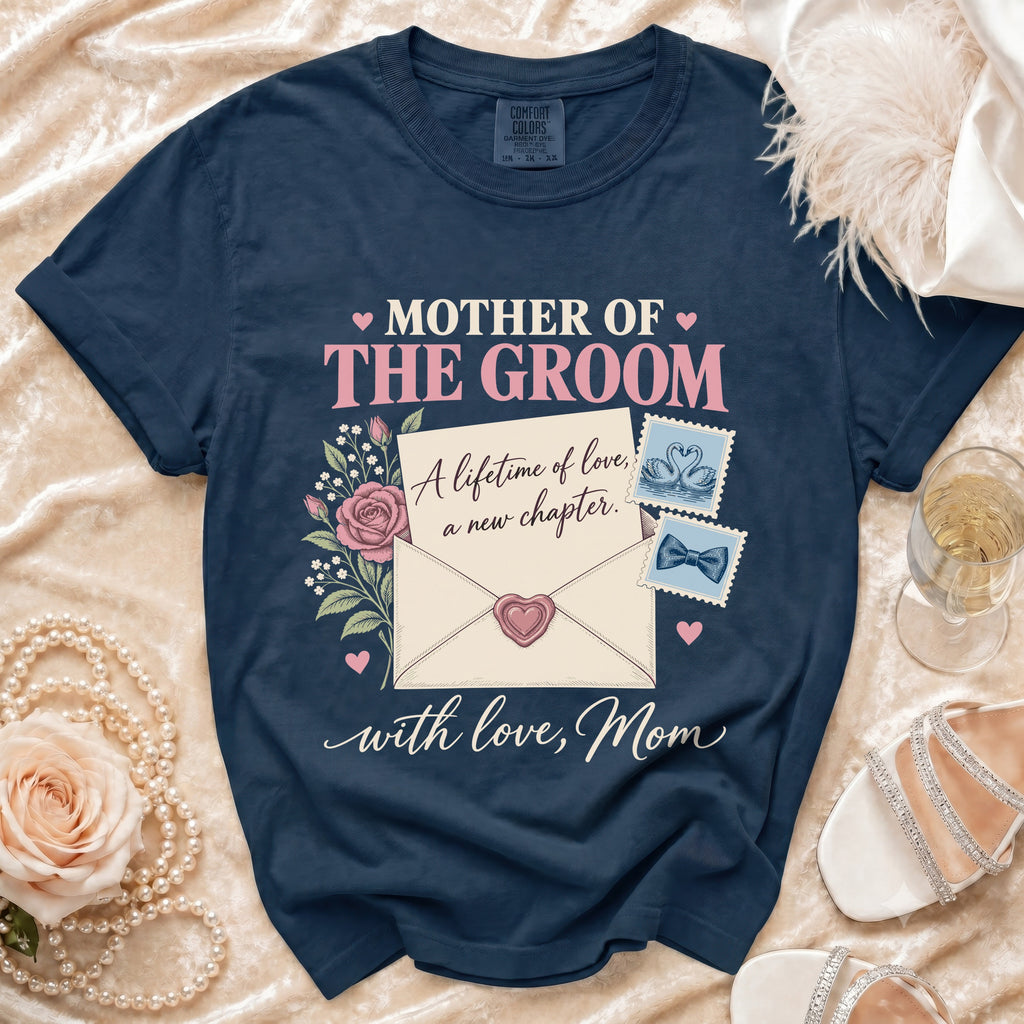 Navy blue t-shirt reads "Mother of the Groom" with envelope and floral design.