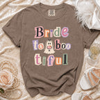 Brown t-shirt with "Bride to boo tiful" text and a ghost bride graphic.