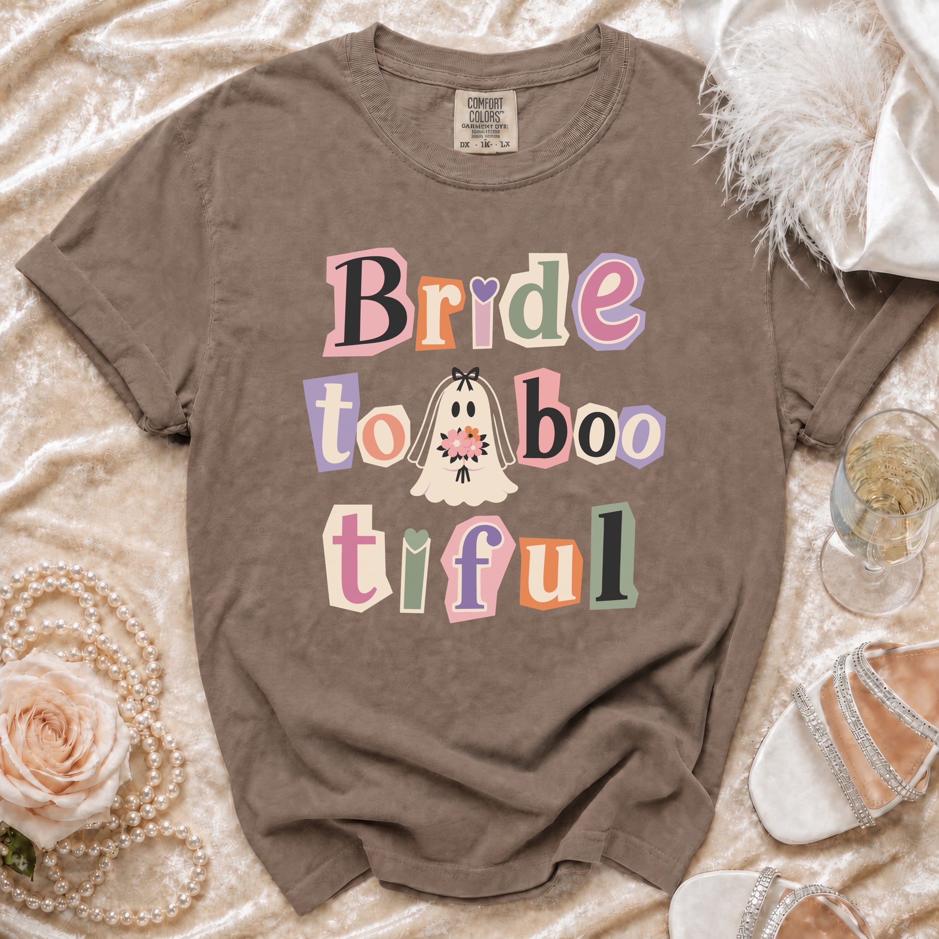 Brown t-shirt with "Bride to boo tiful" text and a ghost bride graphic.