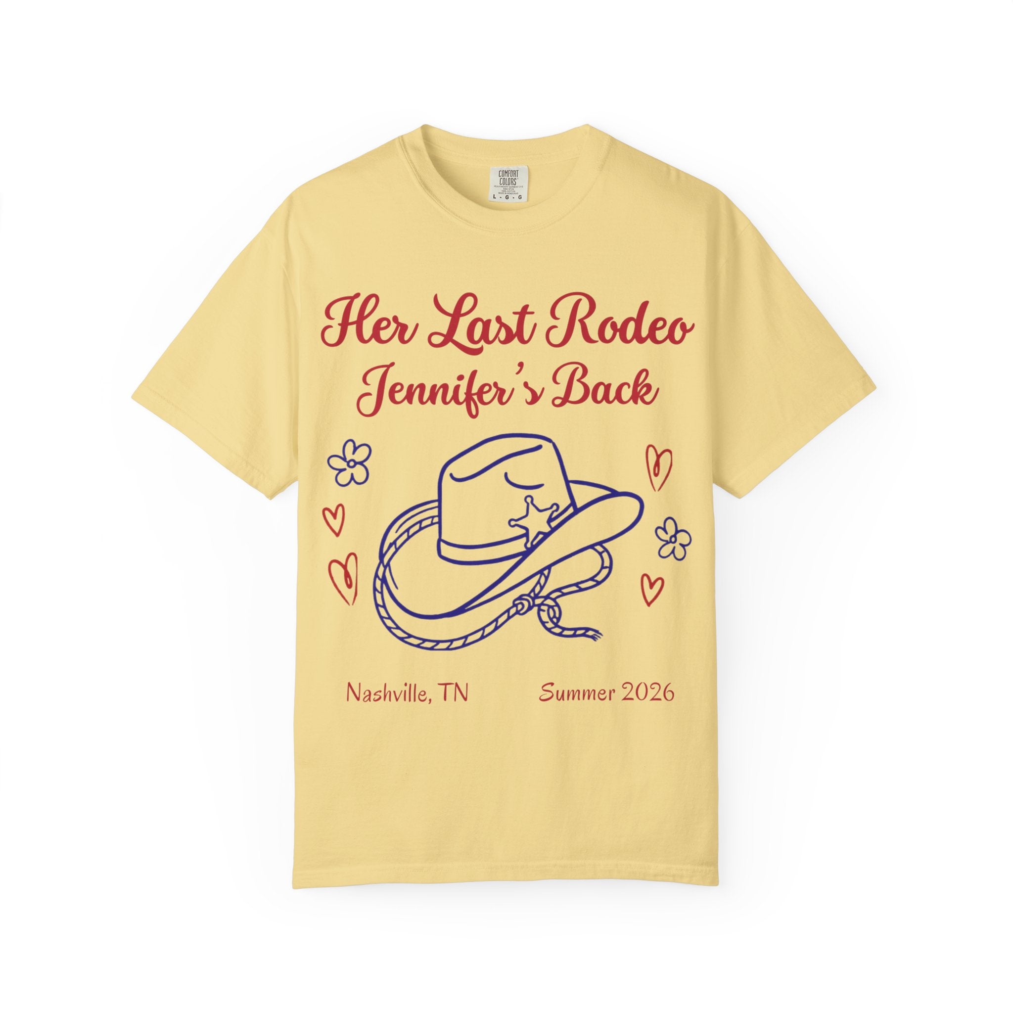 Yellow t-shirt with "Her Last Rodeo Jennifer's Back" text and cowboy hat design.